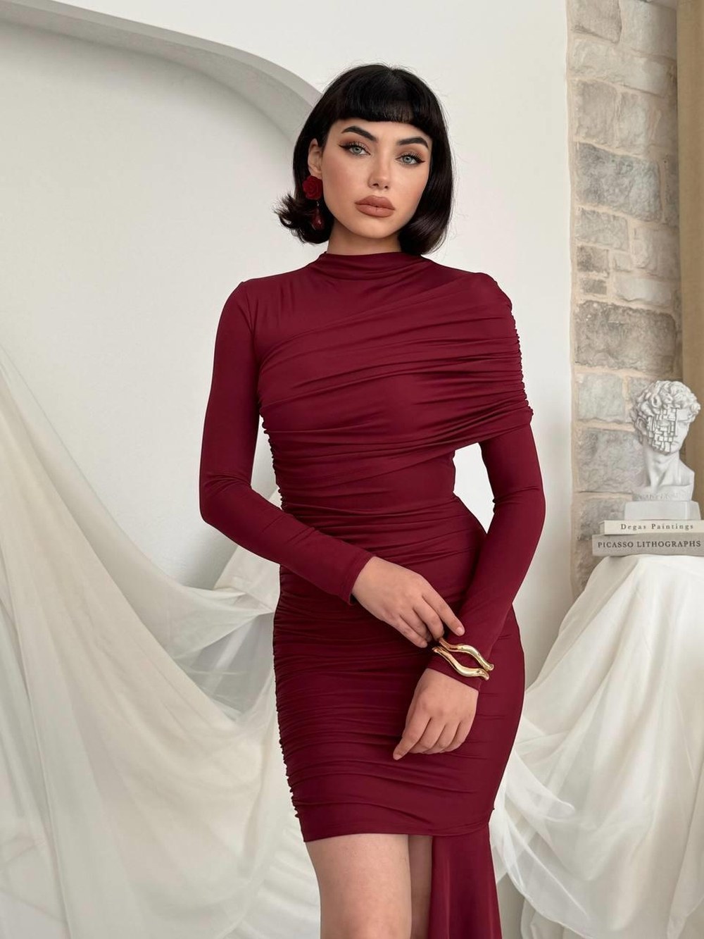Burte Mini Elbise ETK-00822-bordo