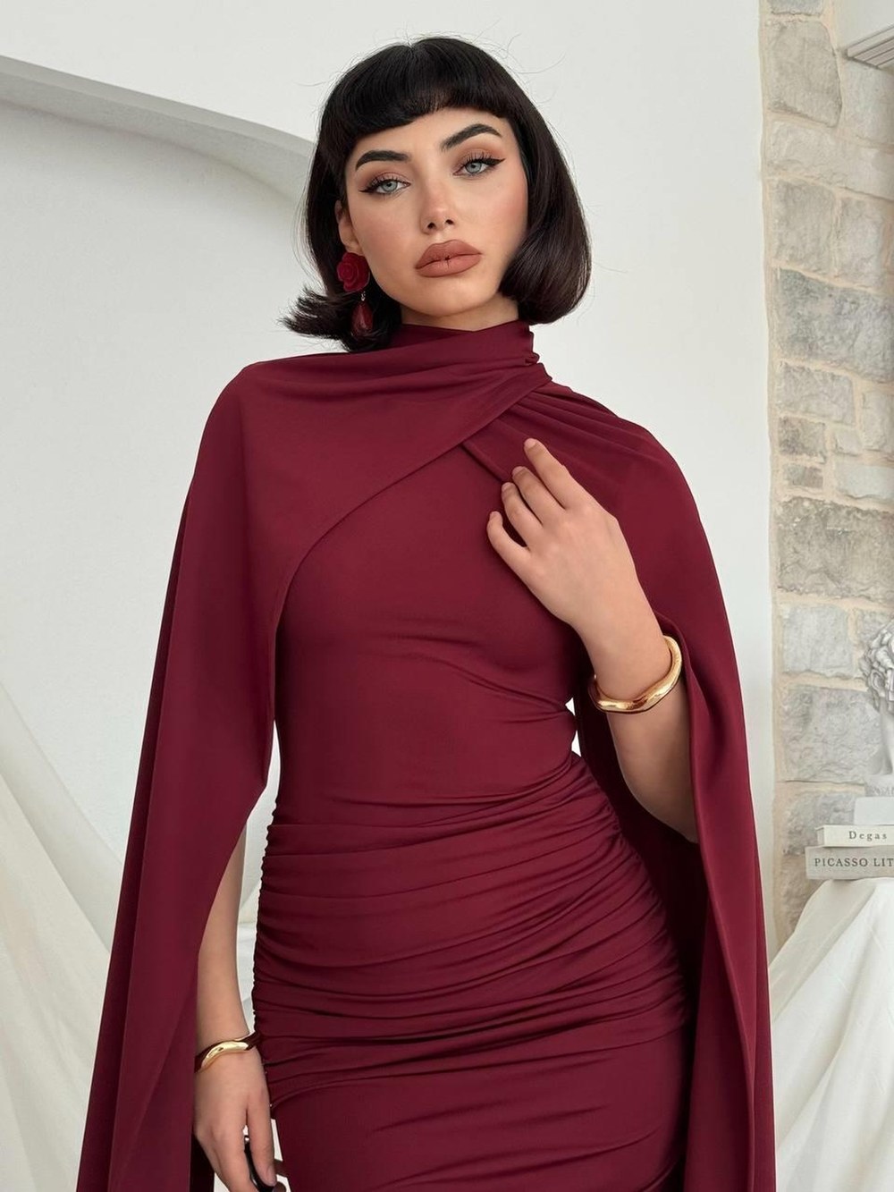 Zeyna Pelerinli Elbise ETK-00823-bordo