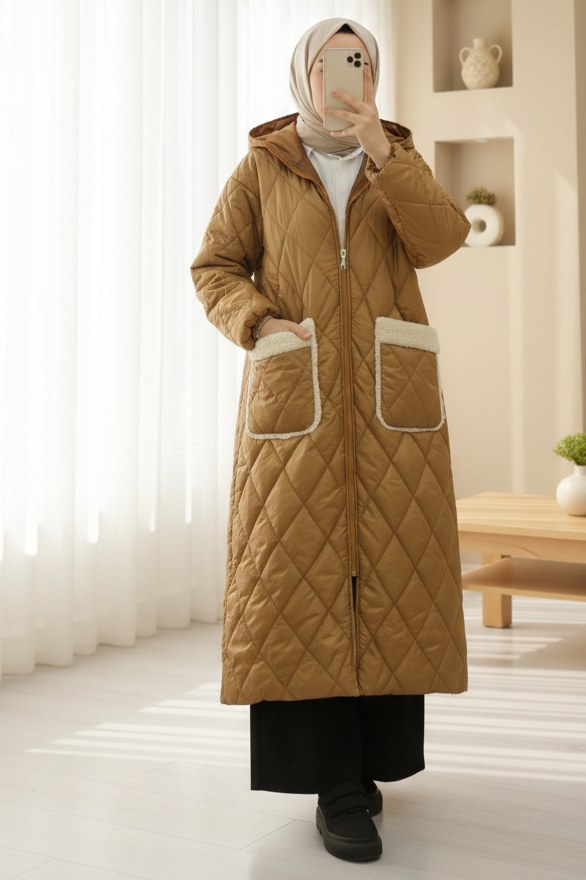 Cepli Kapşonlu Fermuarlı Astarlı Uzun Kapitone Kaban -Taba