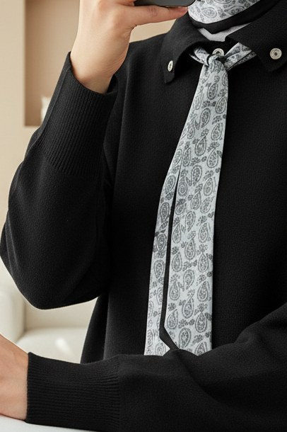 Polo Yaka Fularlı Yırtmaçlı Salaş Triko Tunik -Siyah