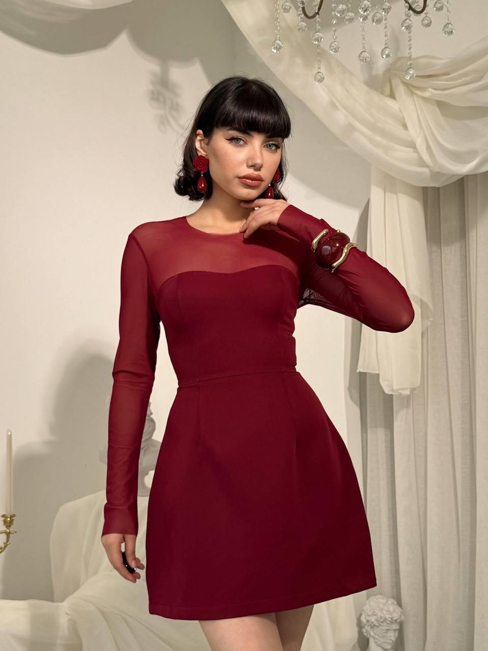 Nessa Transparan Elbise ETK-00832-bordo