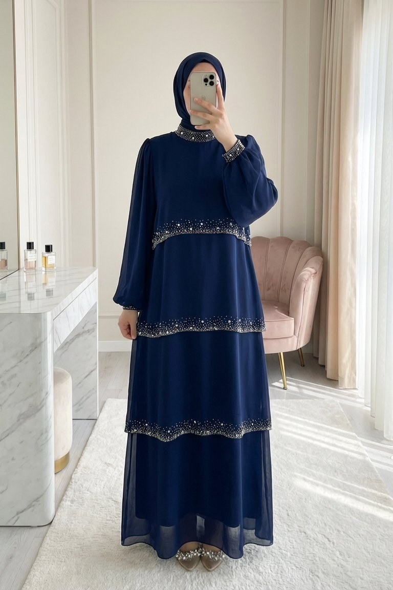 Yakası Kolu Ve Katları Taş Detaylı Katlı Şifon Elbise -Lacivert