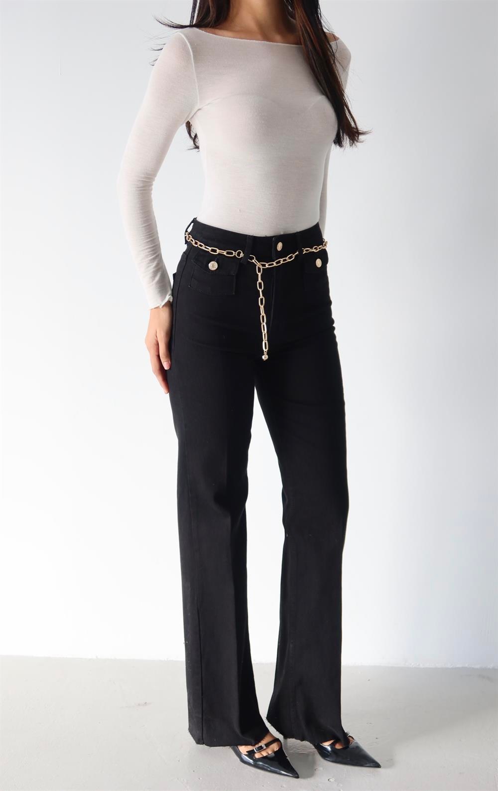 Yüksek Bel Kemer Zincir Detaylı Black Jean Pantolon