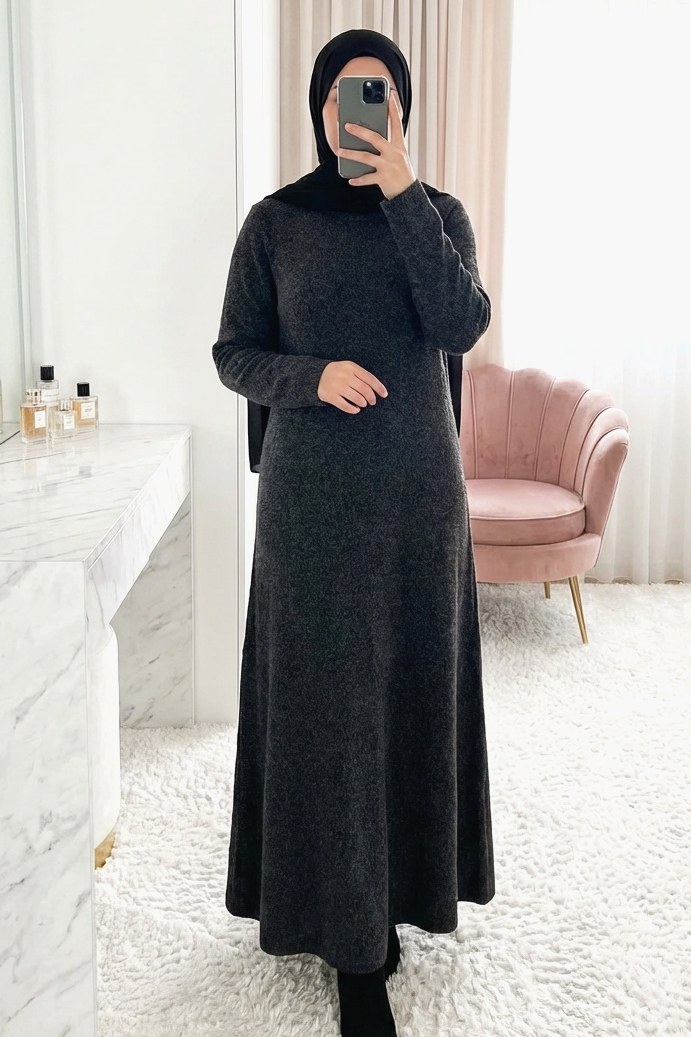 Bisiklet Yaka Beli Oturtmalı Yumoş Triko Elbise -Siyah
