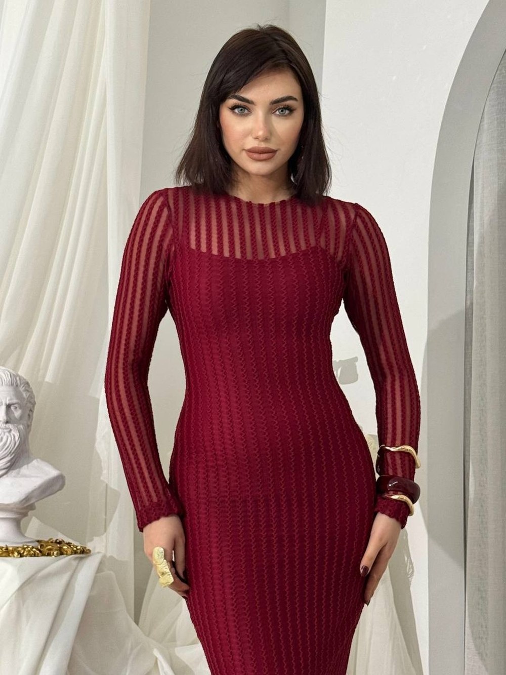 Polin Midi Elbise ETK-00841-bordo