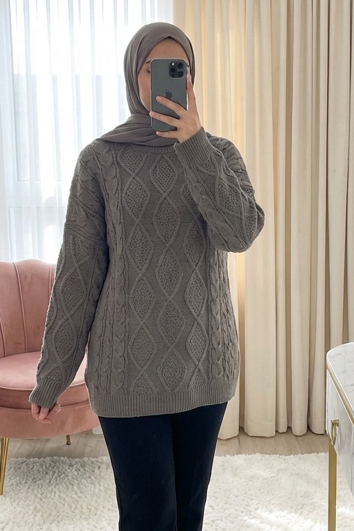 Petek Desen Kışlık Salaş Triko Kazak -Toprak