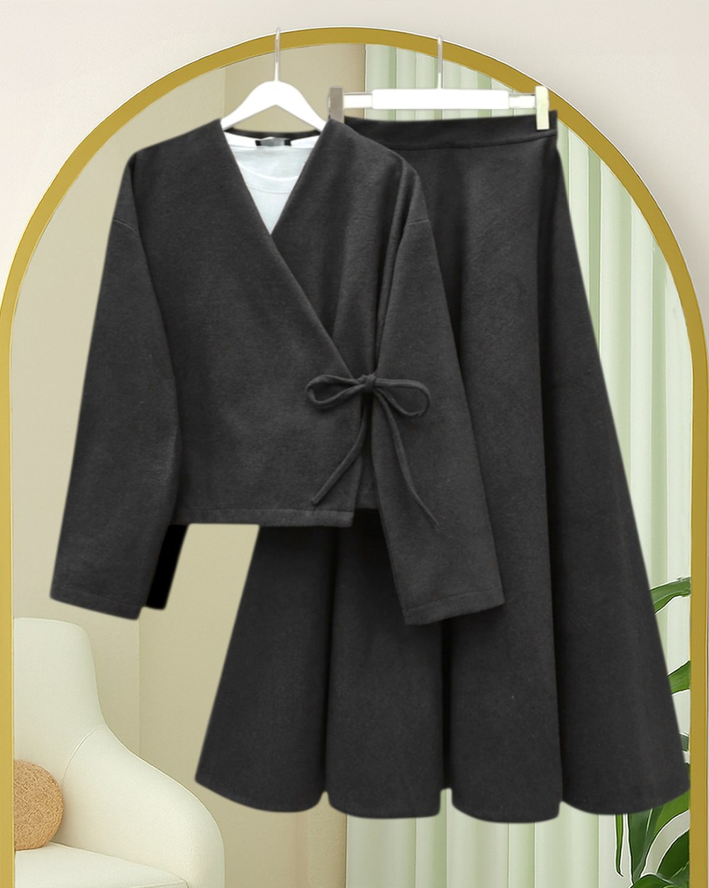 Önü Bağlamalı Etekli Kaşe Kimono Takım -Siyah
