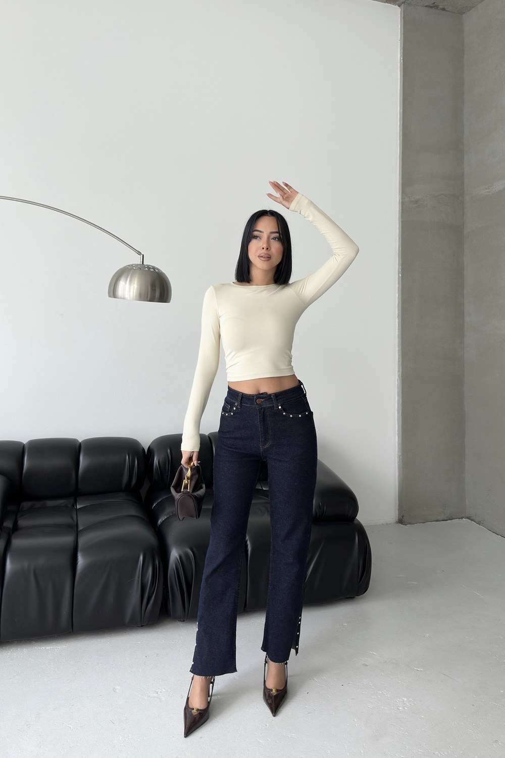 Yanı Yırtmaçlı Flare Paça Mom Kot Pantolon 1774 Slaplı Lacivert