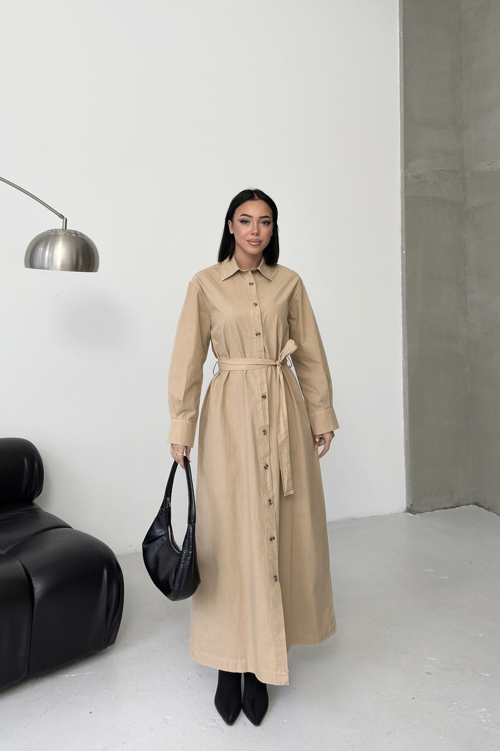 Düğmeli Klasik Uzun Kot Elbise 3034 Camel