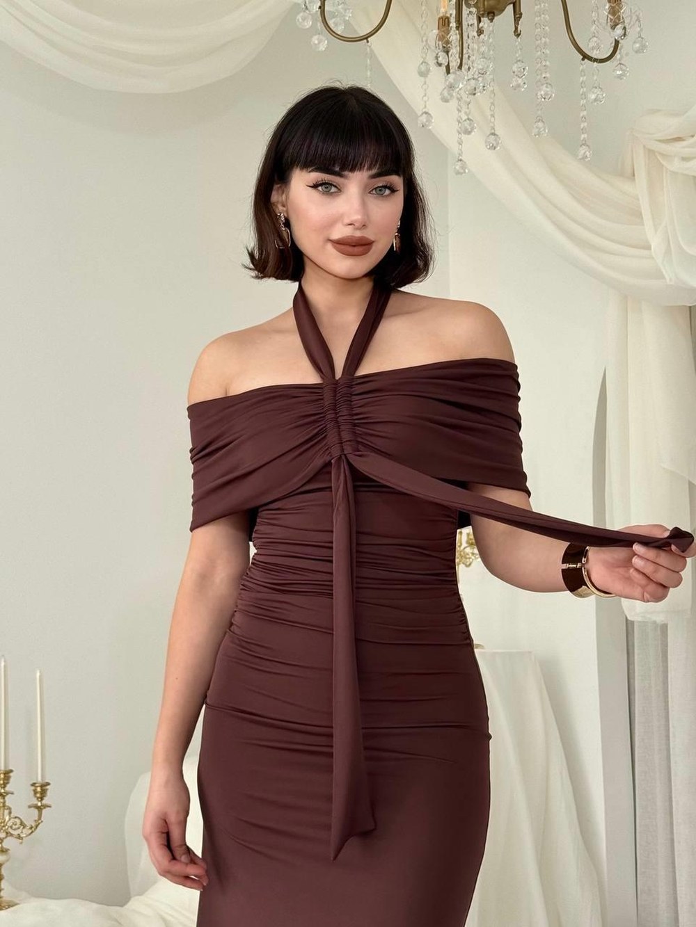 Selen Straplez Elbise ETK-00829-kahve
