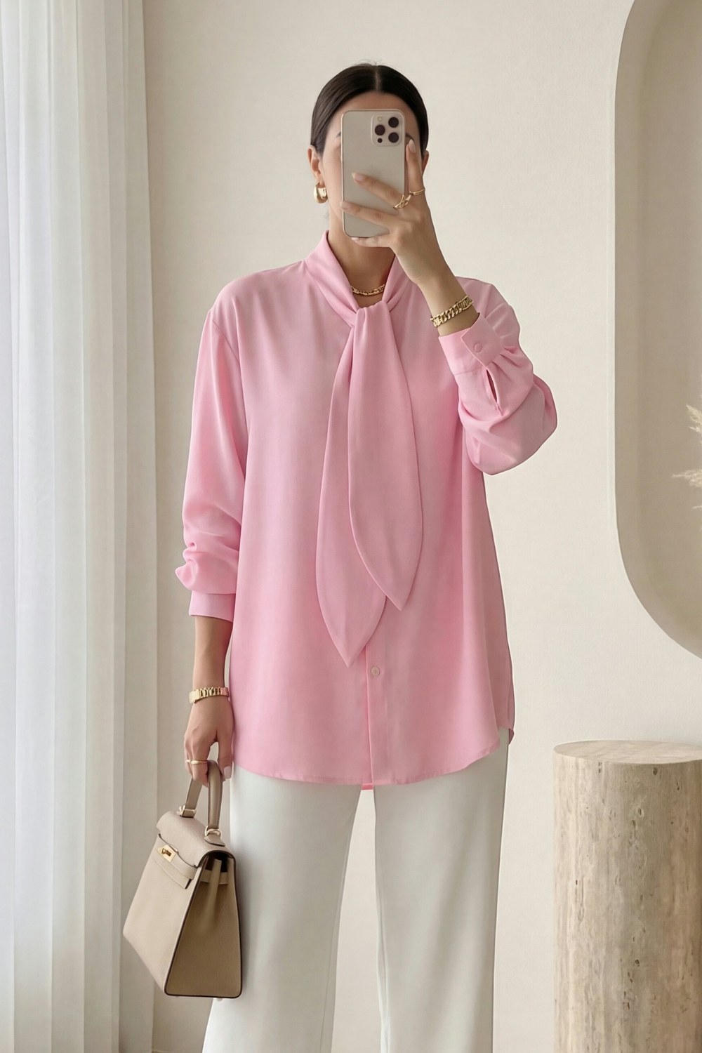 Yakası Bağlamalı Düğmeli Oversize Poplin Gömlek -Pembe