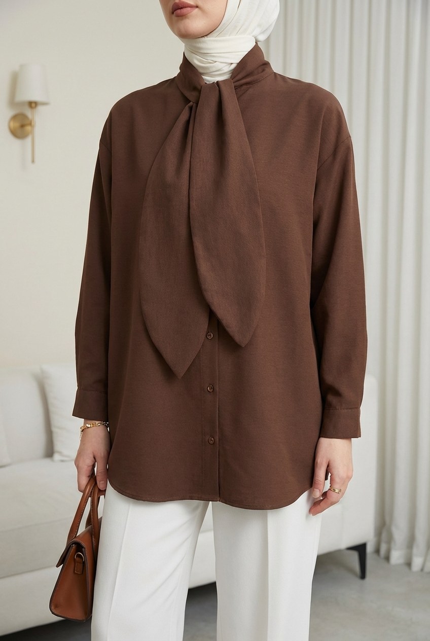 Yakası Bağlamalı Düğmeli Oversize Poplin Gömlek -Kahve