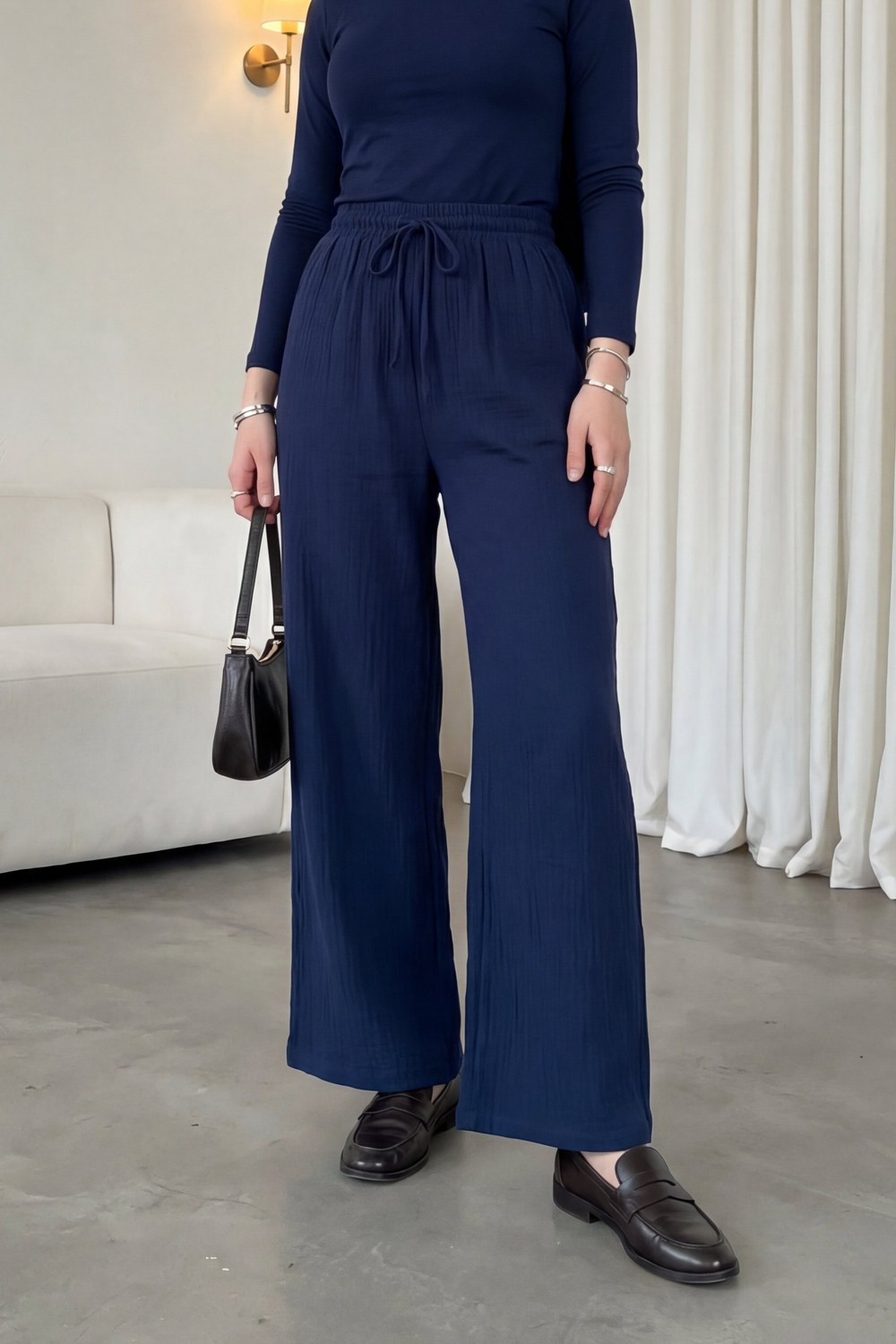 Beli Lastikli Bağcıklı Bol Paça Müslin Pantolon -Lacivert