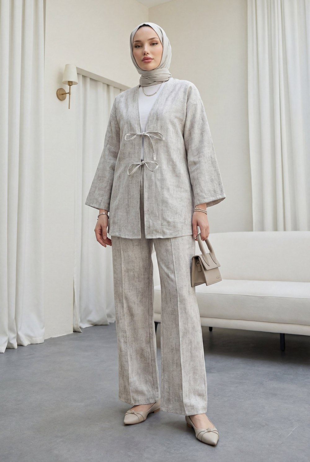Önü Bağlamalı Pantolonlu Keten Görünümlü Kimono Takım -Taş