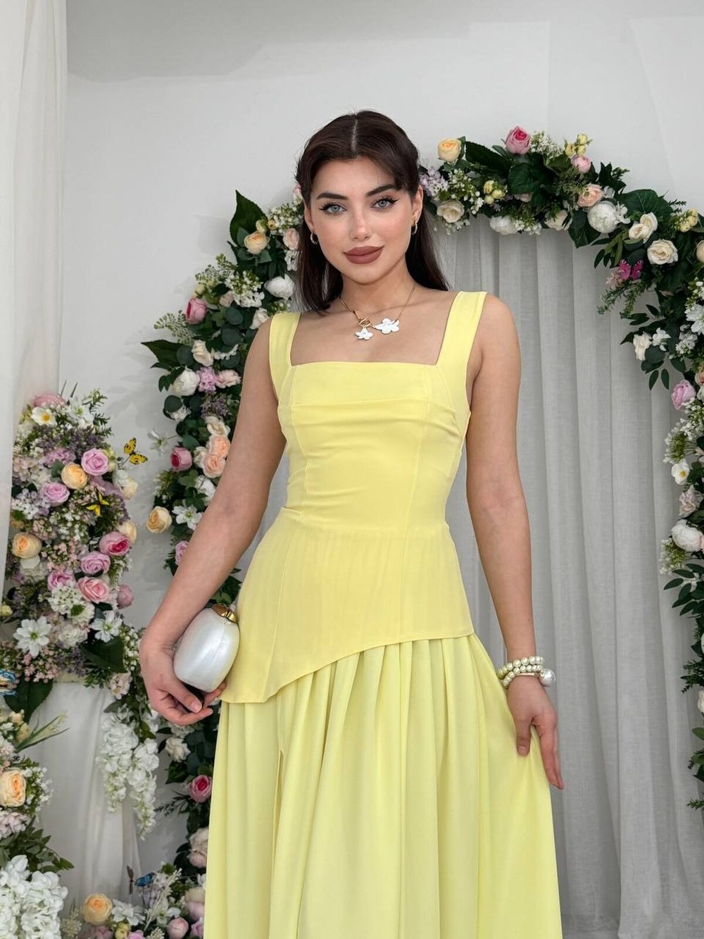 Luen Yırtmaç Detaylı Elbise ETK-00858-sari