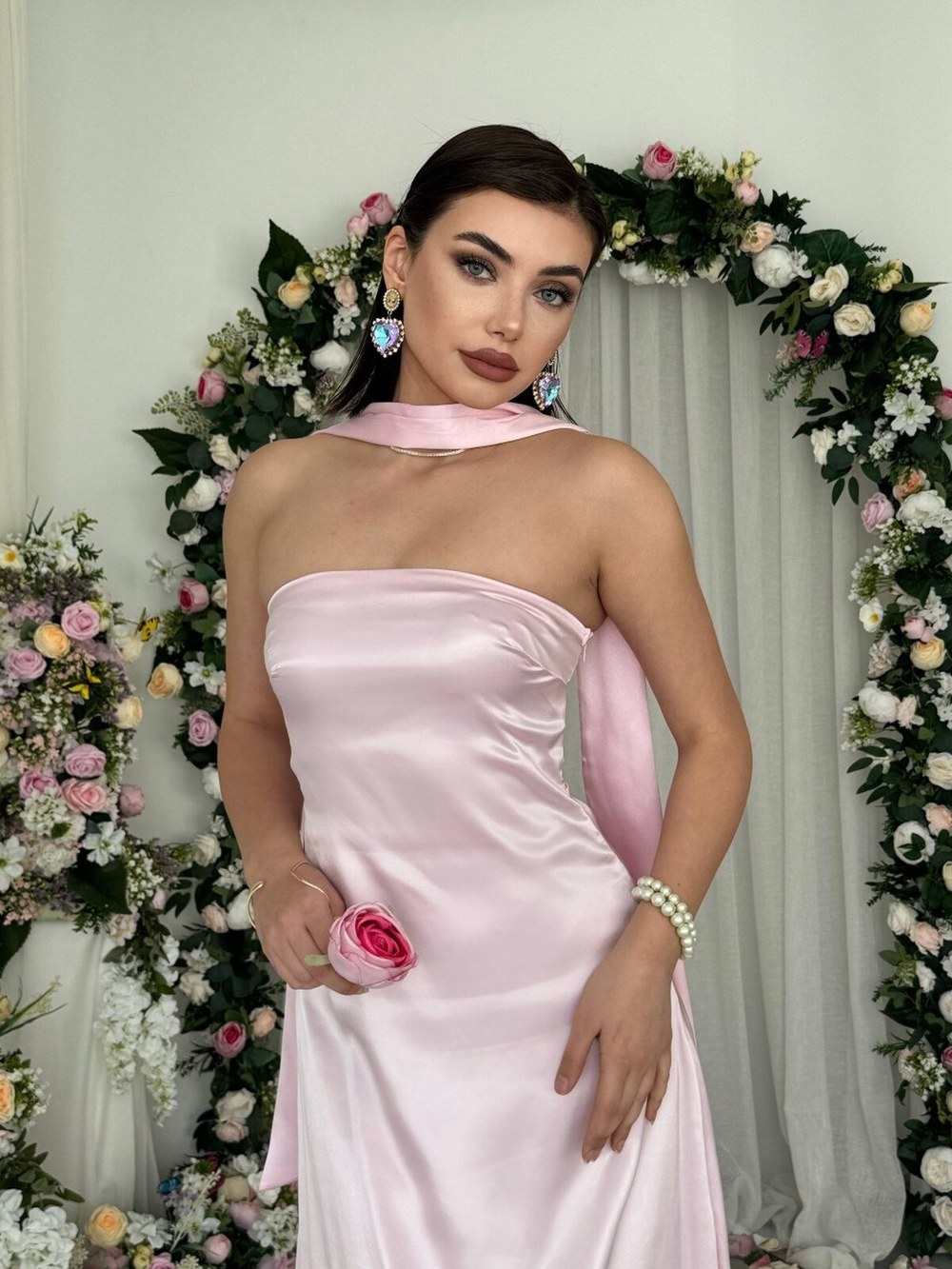 Ulsez Straplez Şal Detaylı Elbise ETK-00886-pembe