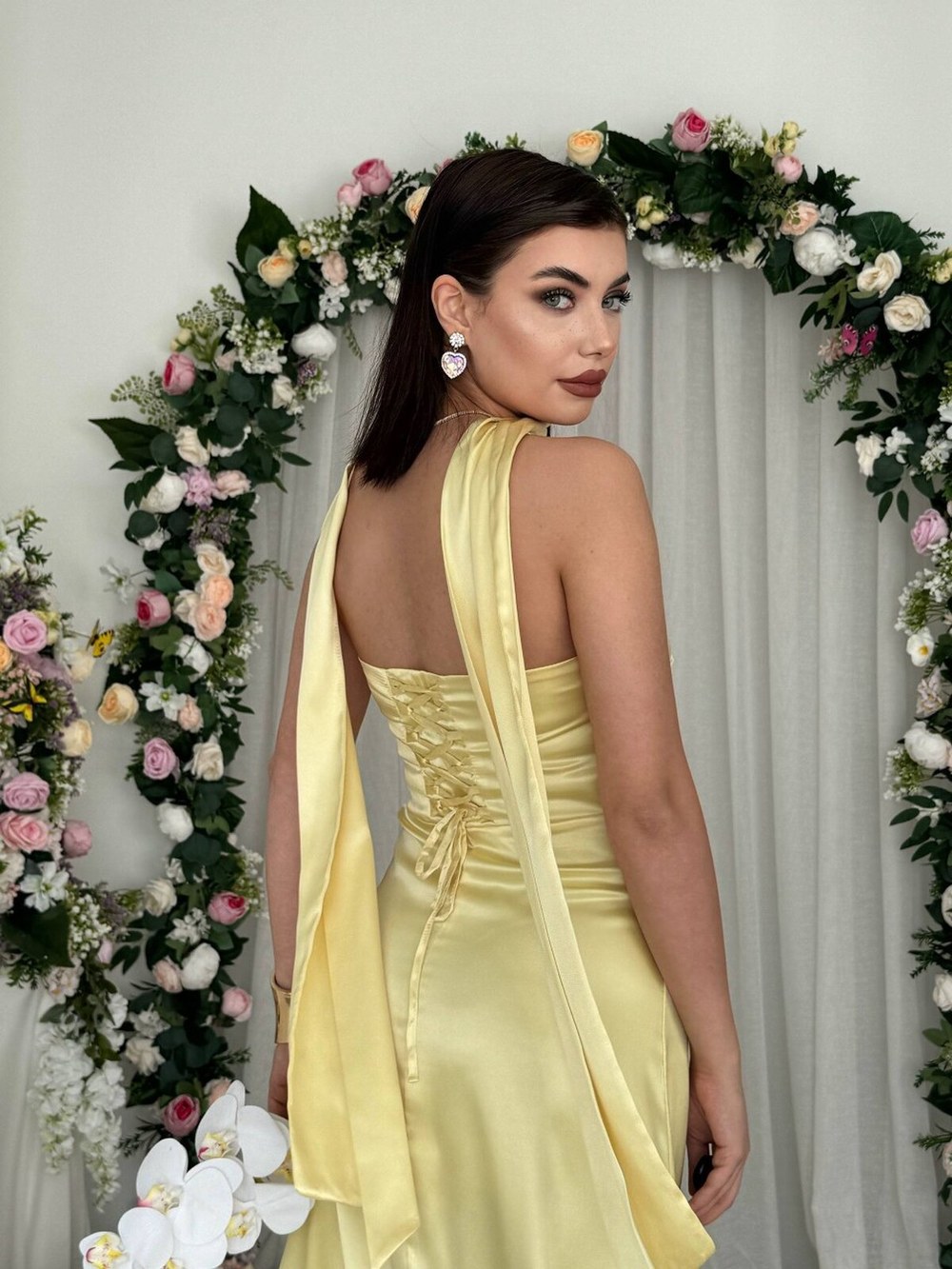 Ulsez Straplez Şal Detaylı Elbise ETK-00886-sari