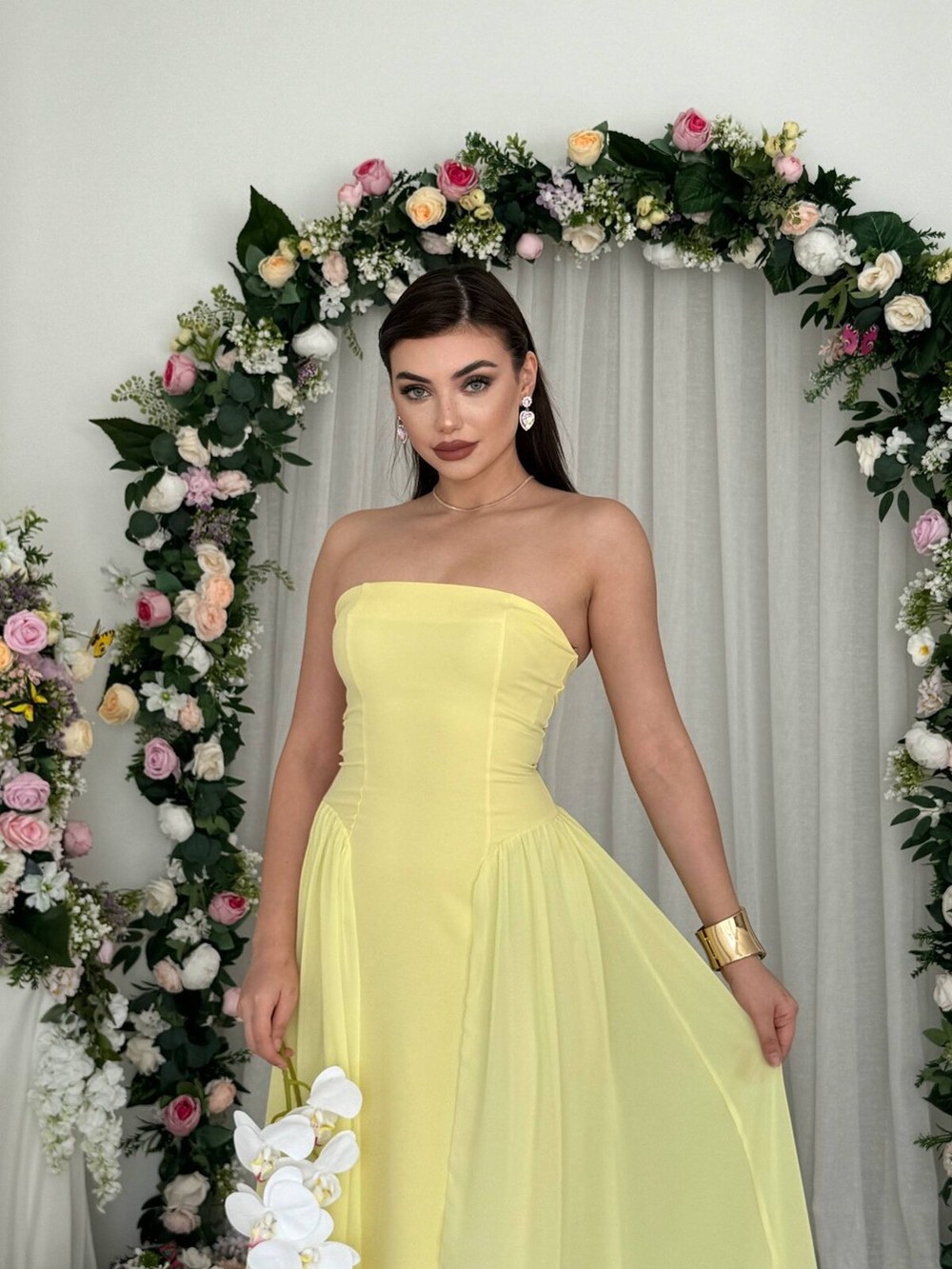 Reny Straplez Elbise ETK-00869-sari