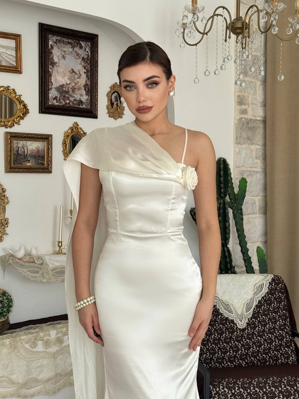 Junas Yaka Kuşağı Detaylıı Elbise ETK-00884-ekru