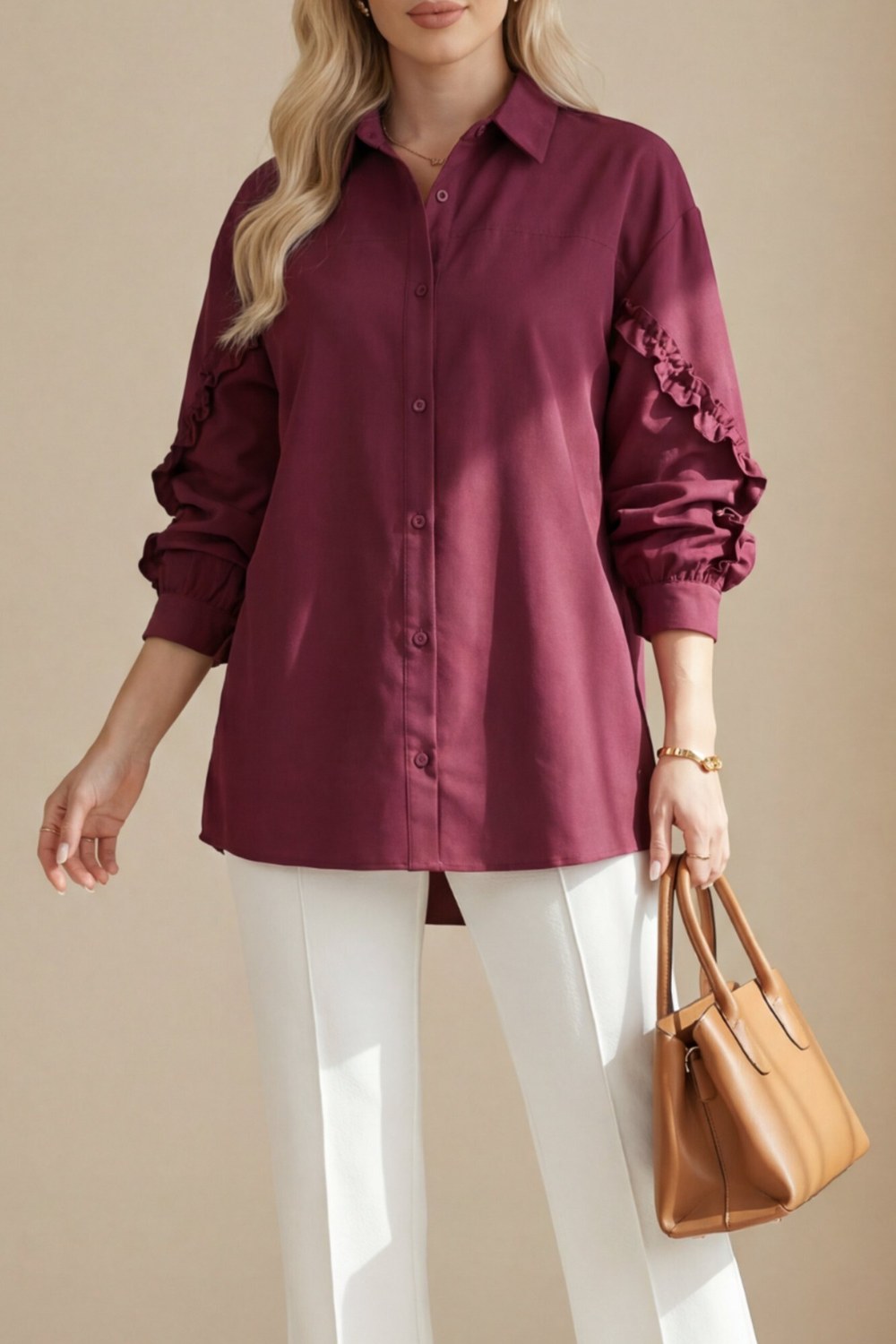 Kolları Fırfırlı Düğmeli Poplin Gömlek -Bordo