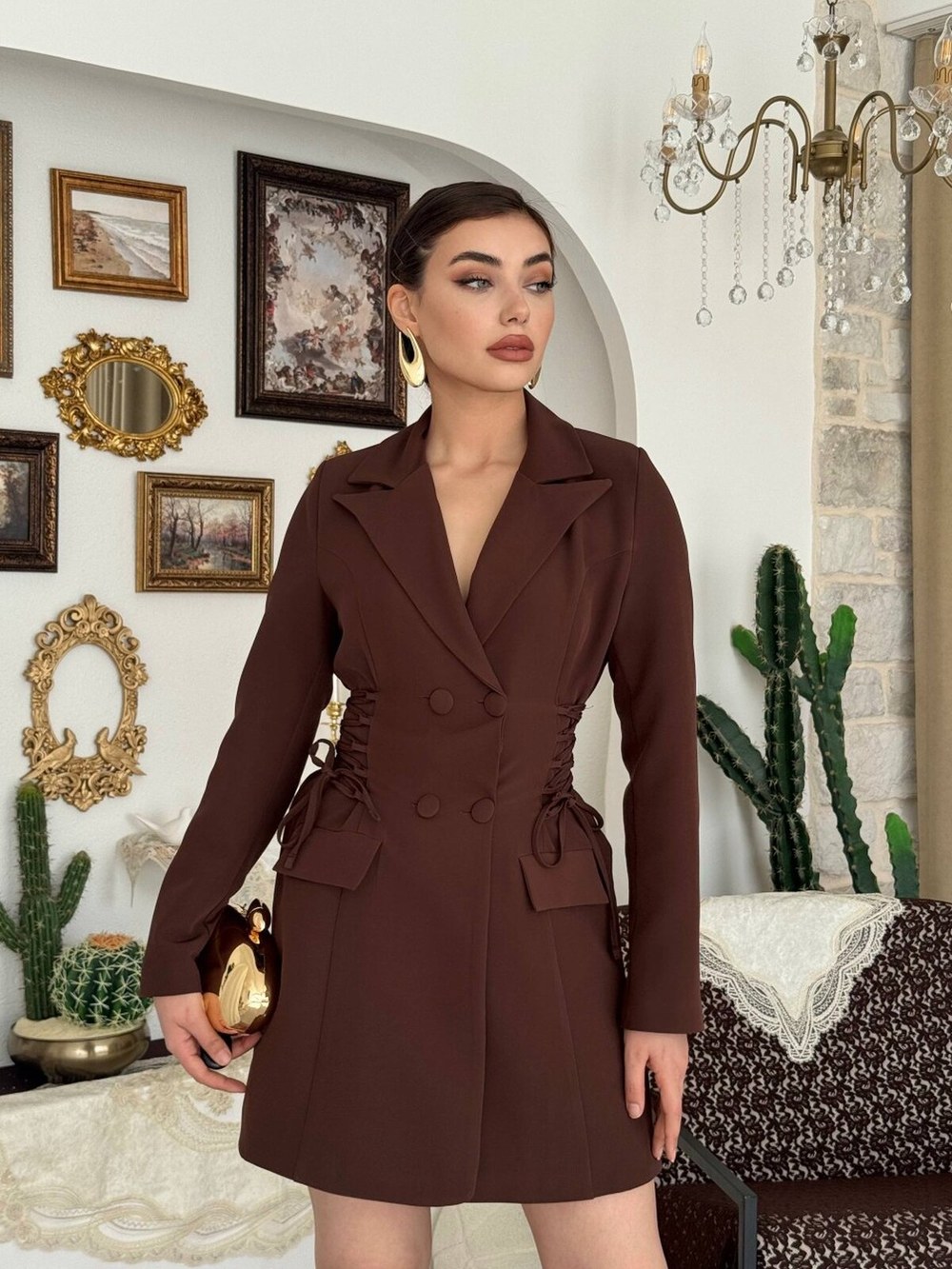Celero Bağlamalı Ceket Elbise ETK-00802-kahve