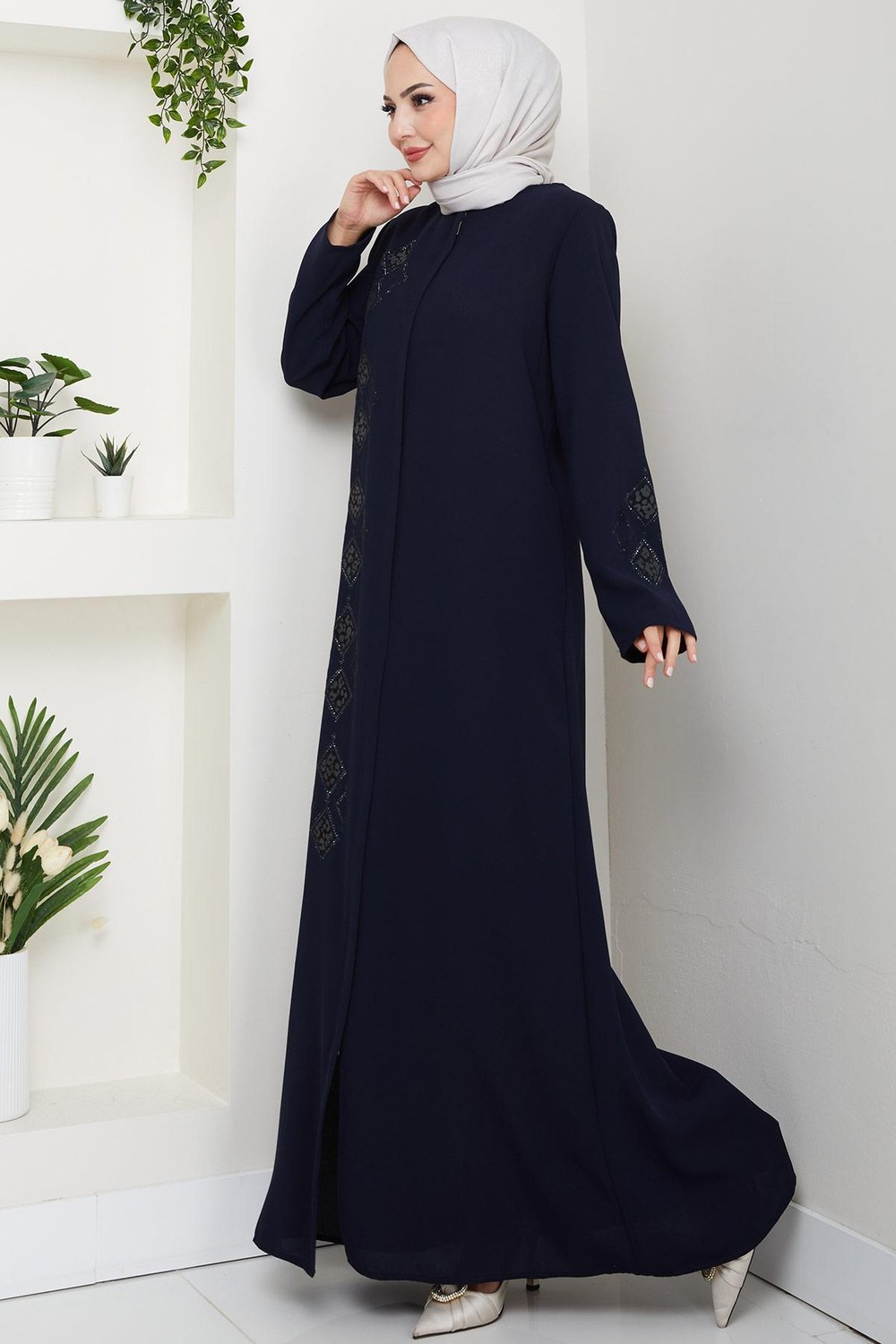 Deri İşlemeli Ferace Lacivert HM2849
