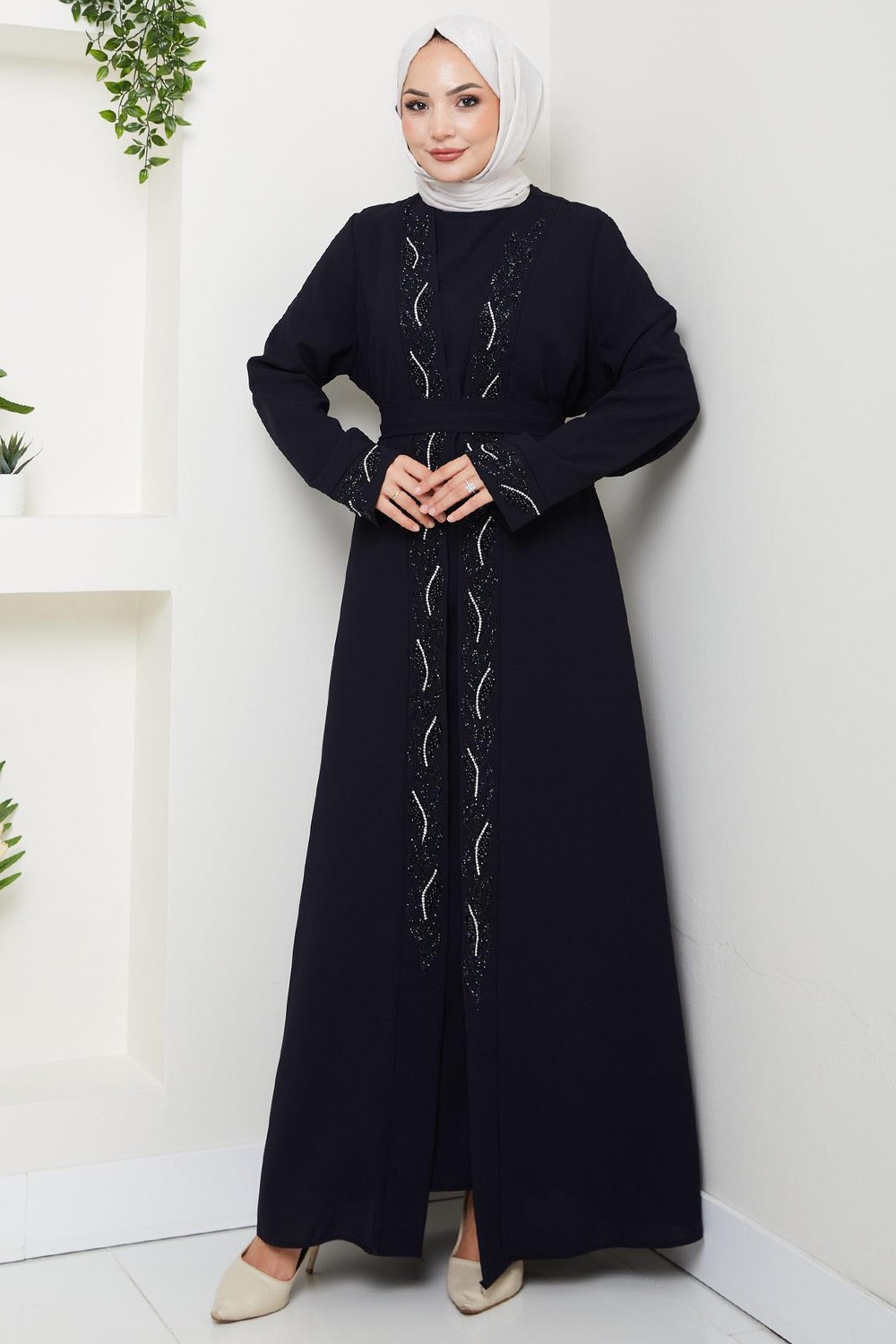 Kuşaklı Taş Detaylı Abaya Lacivert HM2803