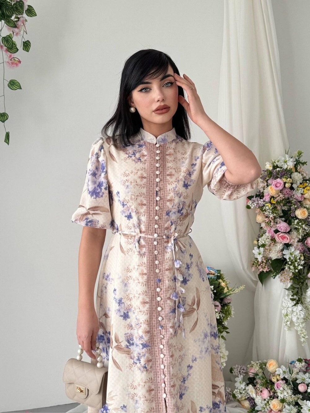 Eboy Kemer Detaylı Elbise ETK-00893-cicek-desen