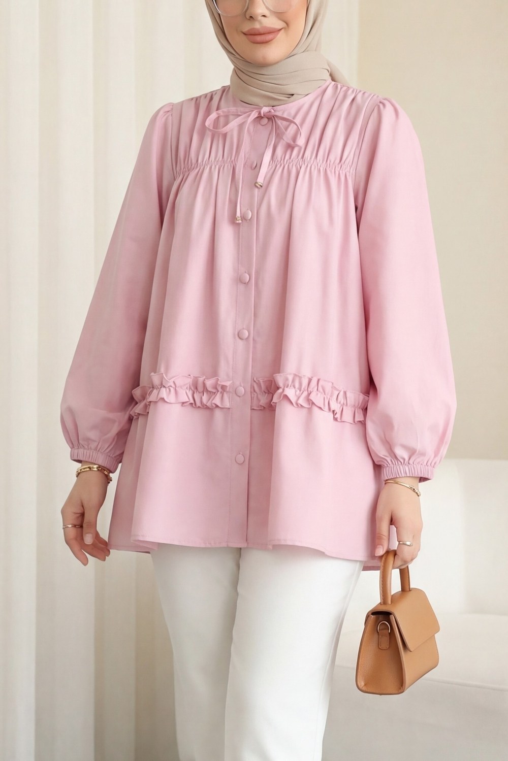 Robadan Lastikli Eteği Fırfırlı Düğmeli Poplin Tunik -Pembe