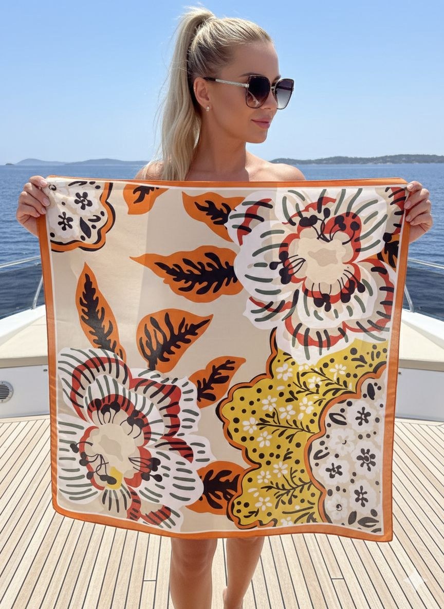 15369 Turuncu Çiçek Desenli Bandana Fular 70x70 Cm