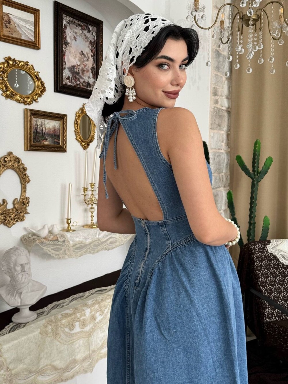 Jere Sırt Dekolte Detaylı Denim Elbise ETK-9818-koyu-mavi