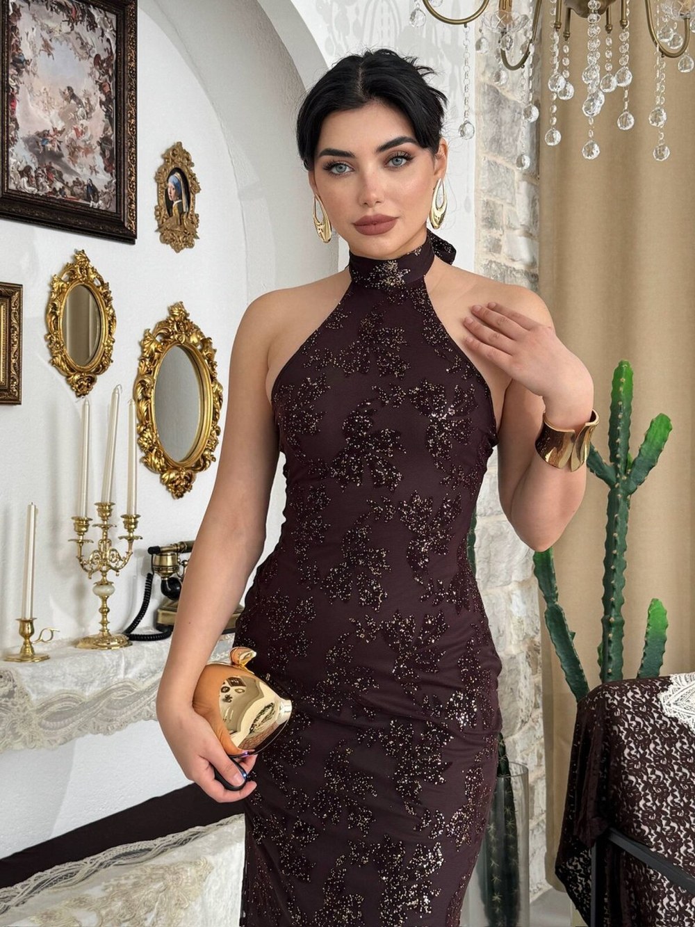 Gerne Boyun Bağlamalı Elbise ETK-00904-kahve