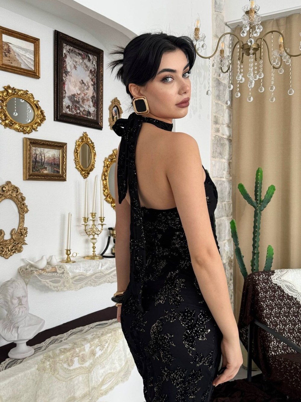 Gerne Boyun Bağlamalı Elbise ETK-00904-siyah