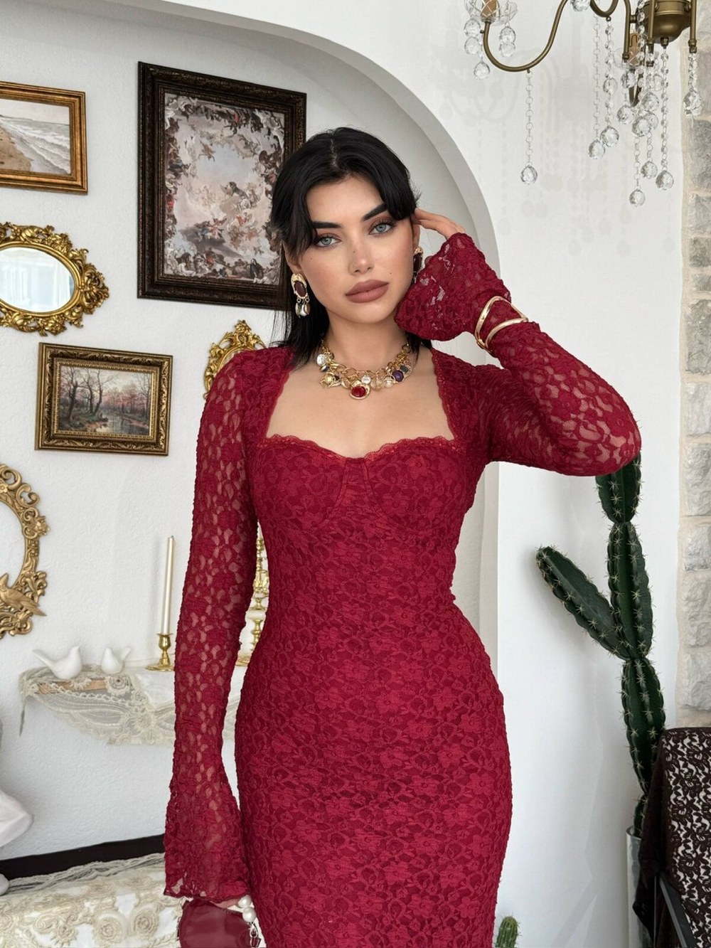 Jelon Midi Elbise ETK-00879-bordo