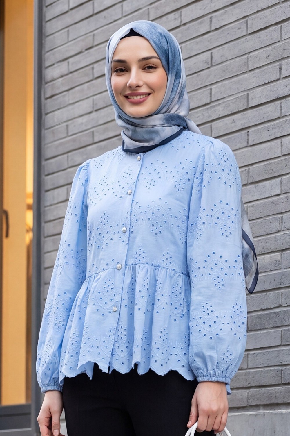 Kolu Lastikli Ajurlu Düğmeli Astarlı Gömlek -Mavi