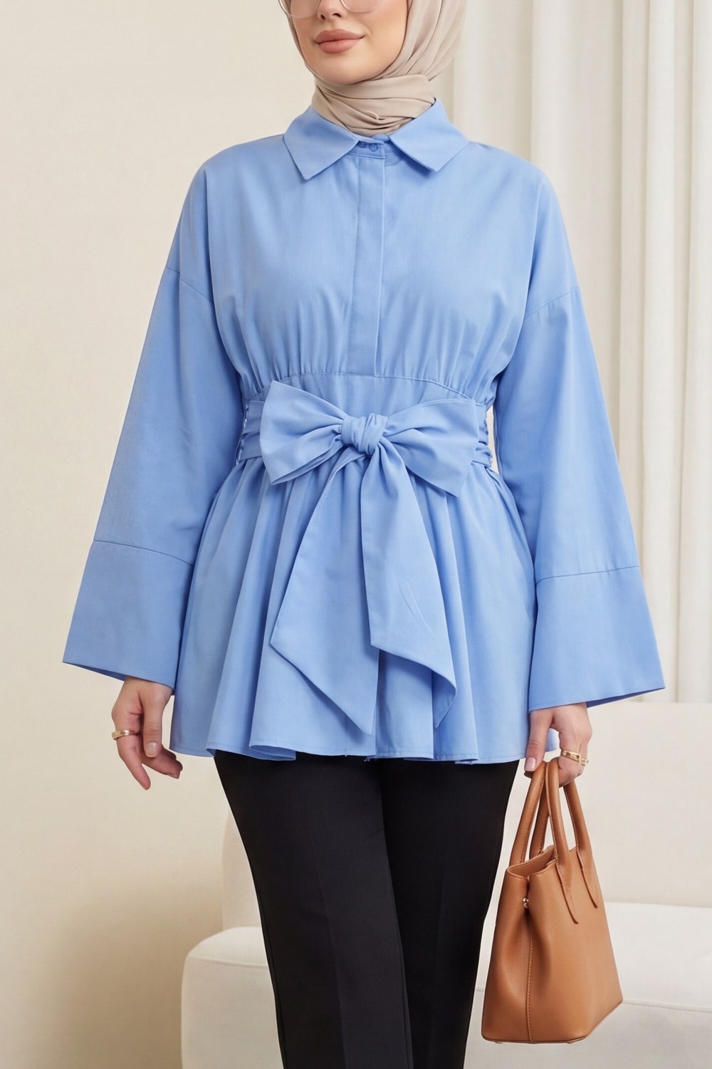 Beli Korsajlı Gizli Patlı Kuşaklı Poplin Tunik -Mavi