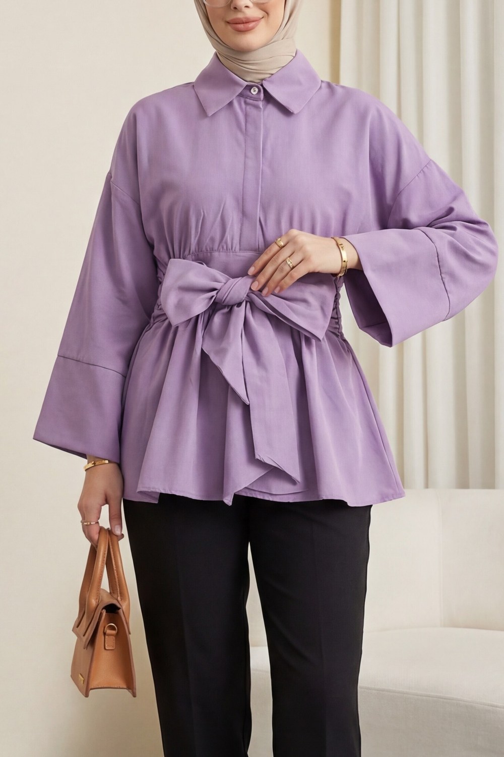 Beli Korsajlı Gizli Patlı Kuşaklı Poplin Tunik -Lila