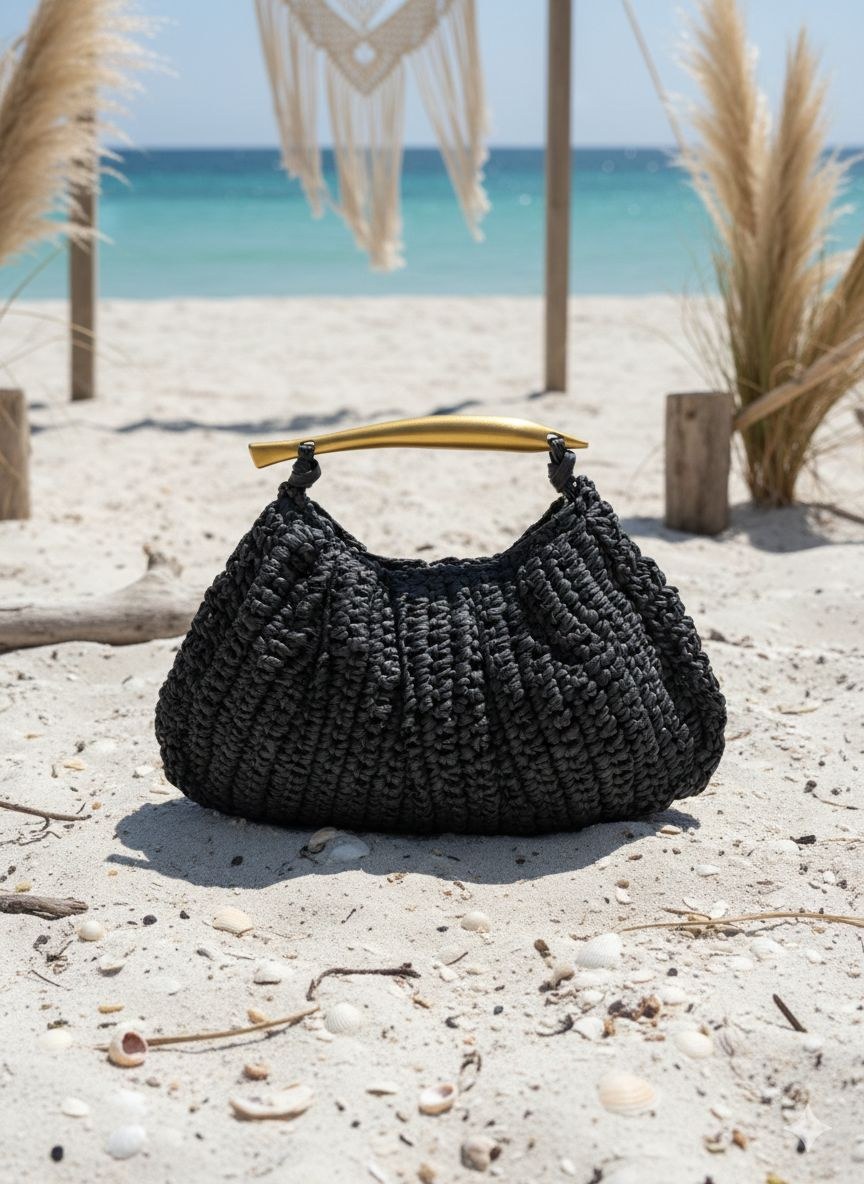 NWC-1058 Siyah Çıtçıtlı Hasır Çanta 33x20 Cm