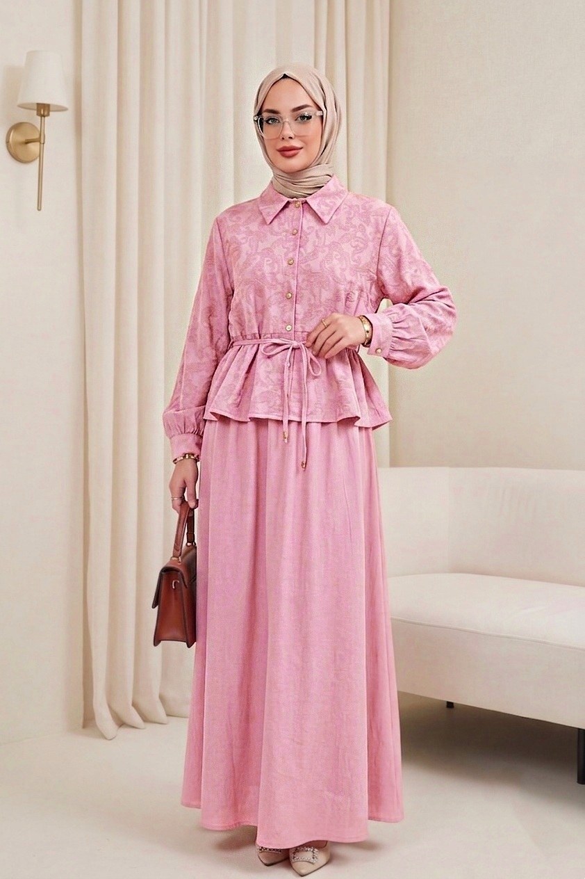 Taşlı Düğmeli Beli Bağlamalı Etekli Jakar Takım -Pembe