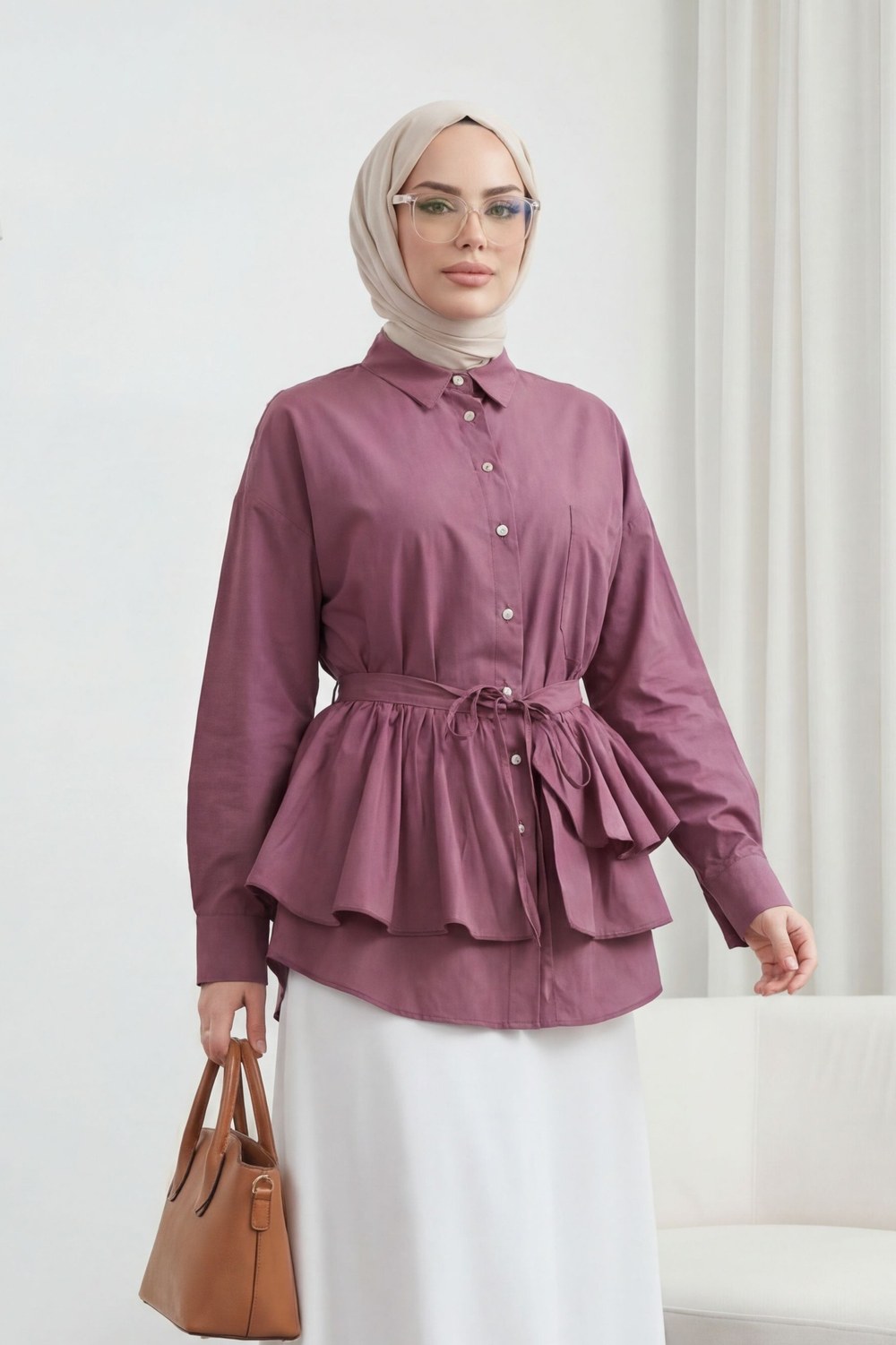 Pelerin Detaylı Düğmeli Oval Kesim Poplin Tunik -Vişne