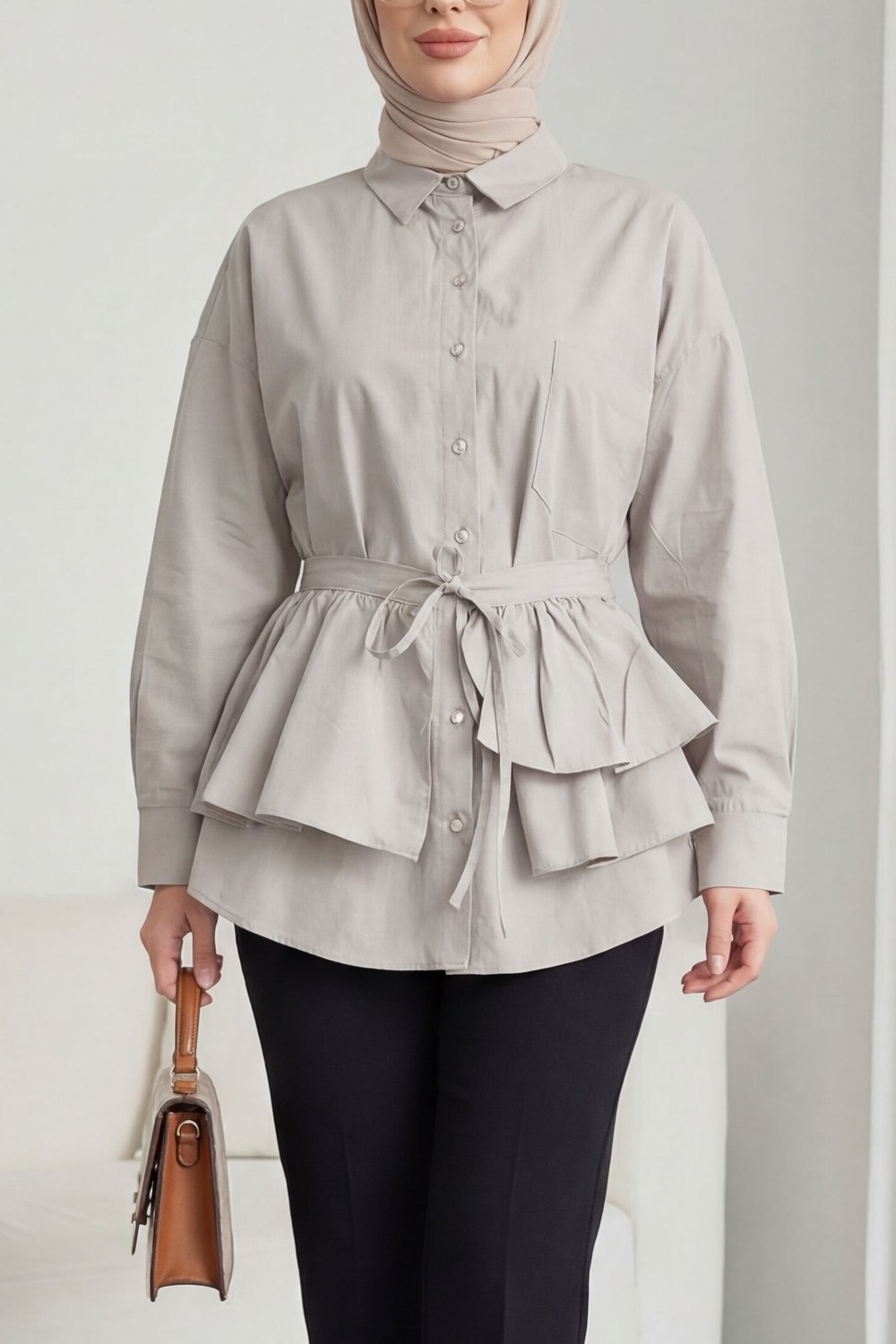 Pelerin Detaylı Düğmeli Oval Kesim Poplin Tunik -Taş Rengi