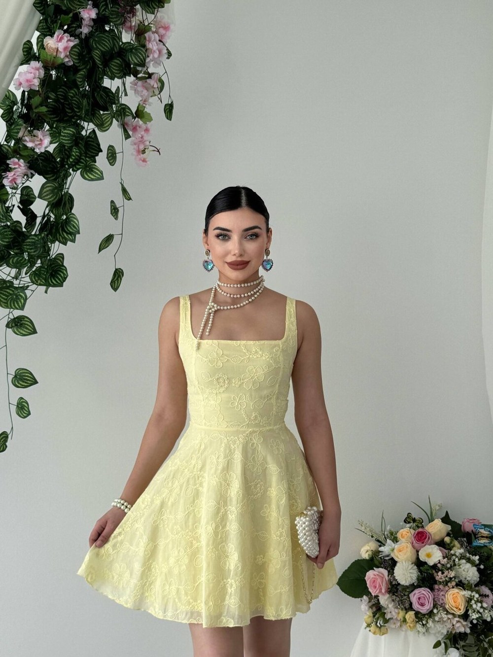 Lyro Çiçek Nakışlı Elbise ETK-00847-sari