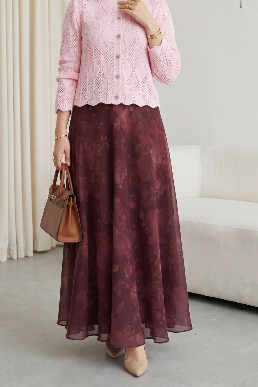 Yaprak Desenli Ajurlu Triko Hırka -Pembe
