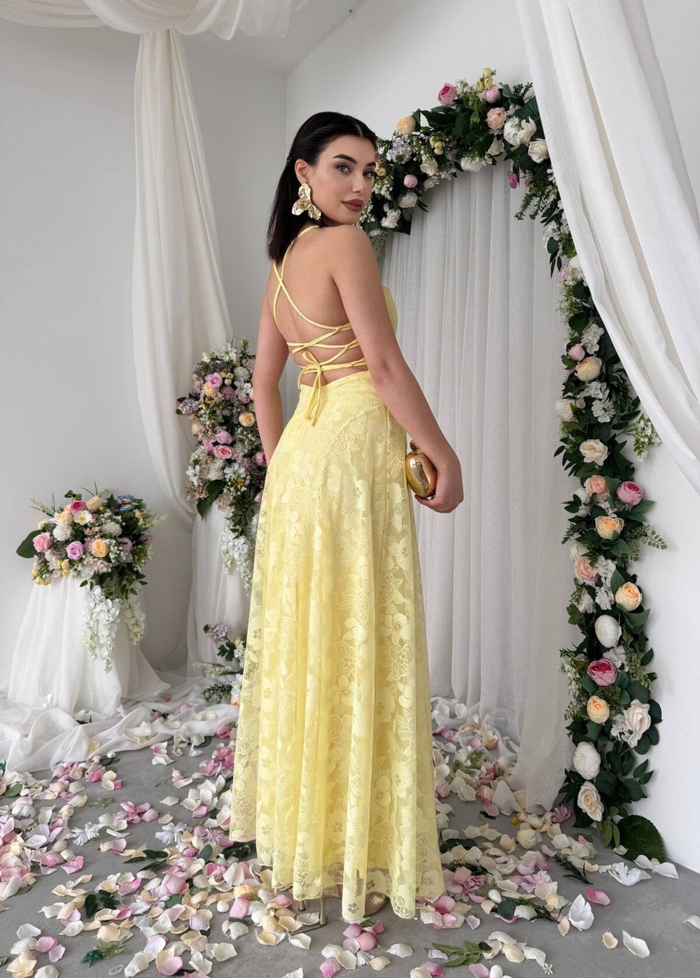 Husa Sırt Bağlamalı Elbise ETK-00921-sari