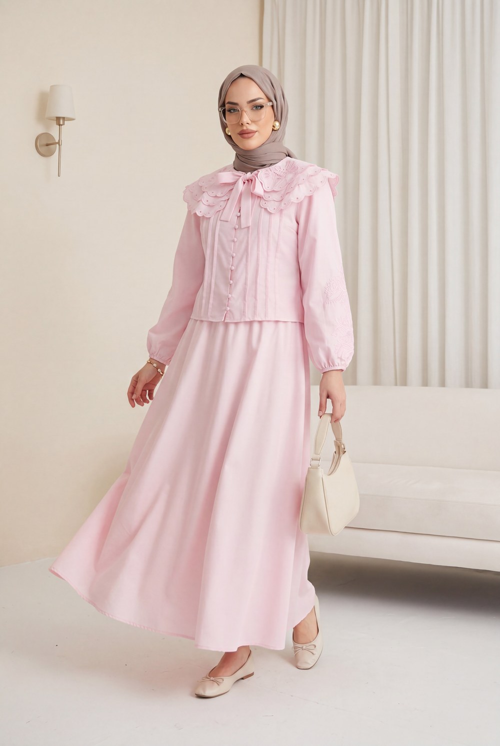 Geniş Yakalı Bağlamalı Kolu Lastikli Eteği Astarlı Poplin Takım -Pembe