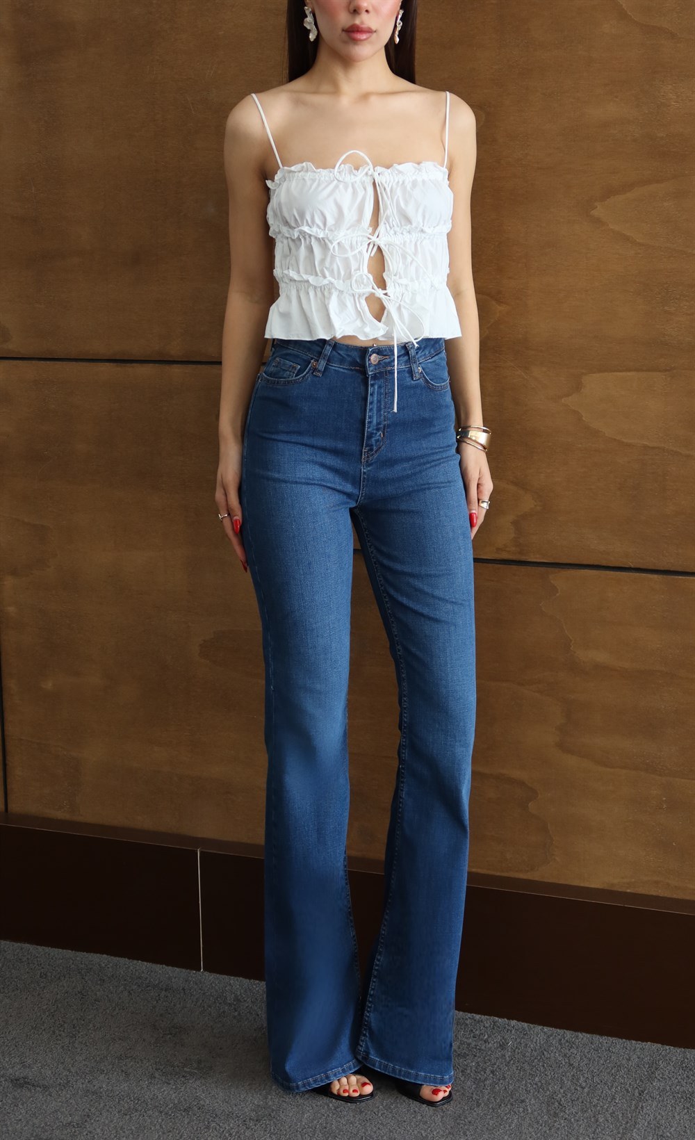 Yüksek Bel Yarım İspanyol Paça Blue Jean Pantolon