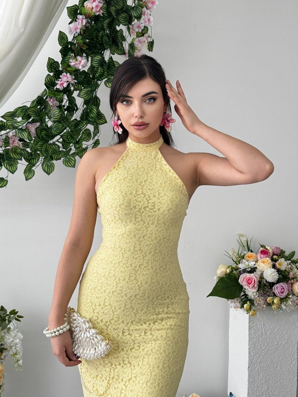 Jons Boyun Bağlamalı Midi Elbise ETK-00949-sari