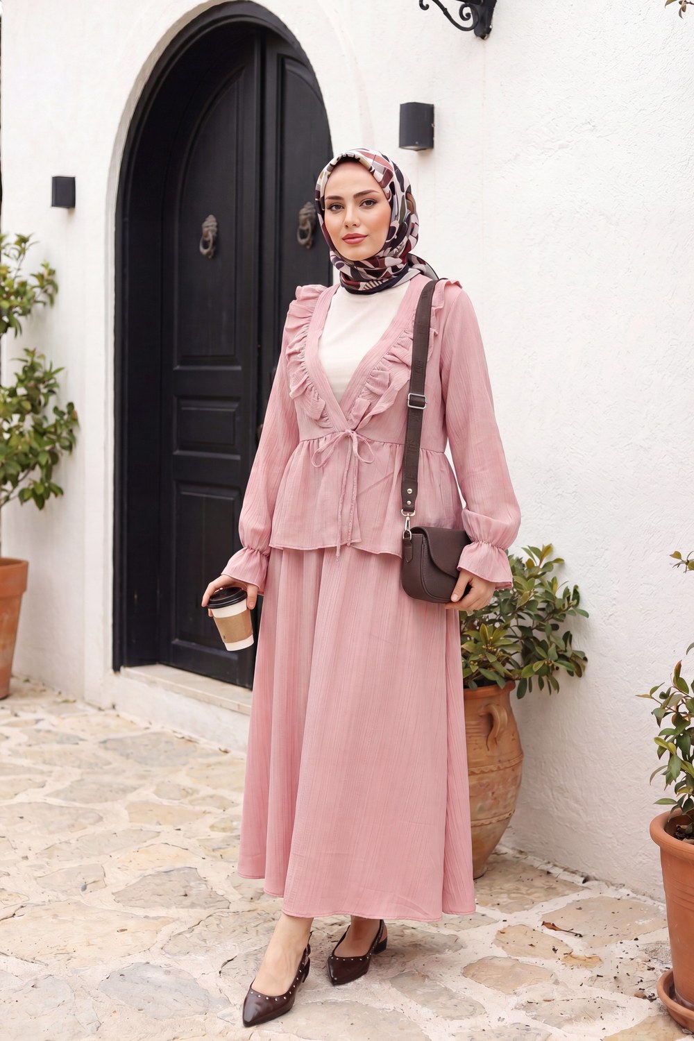 Yakası Fırfırlı Önü Bağlamalı Etekli Kimono Takım -Pembe