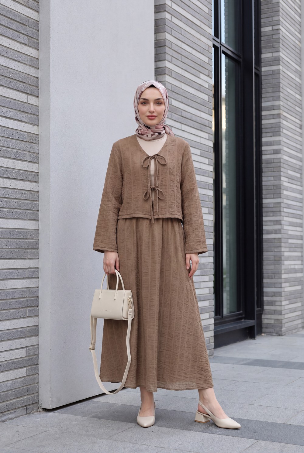 Önü Bağcıklı Eteği Astarlı Bürümcük Kimono Takım -Açık Kahverengi