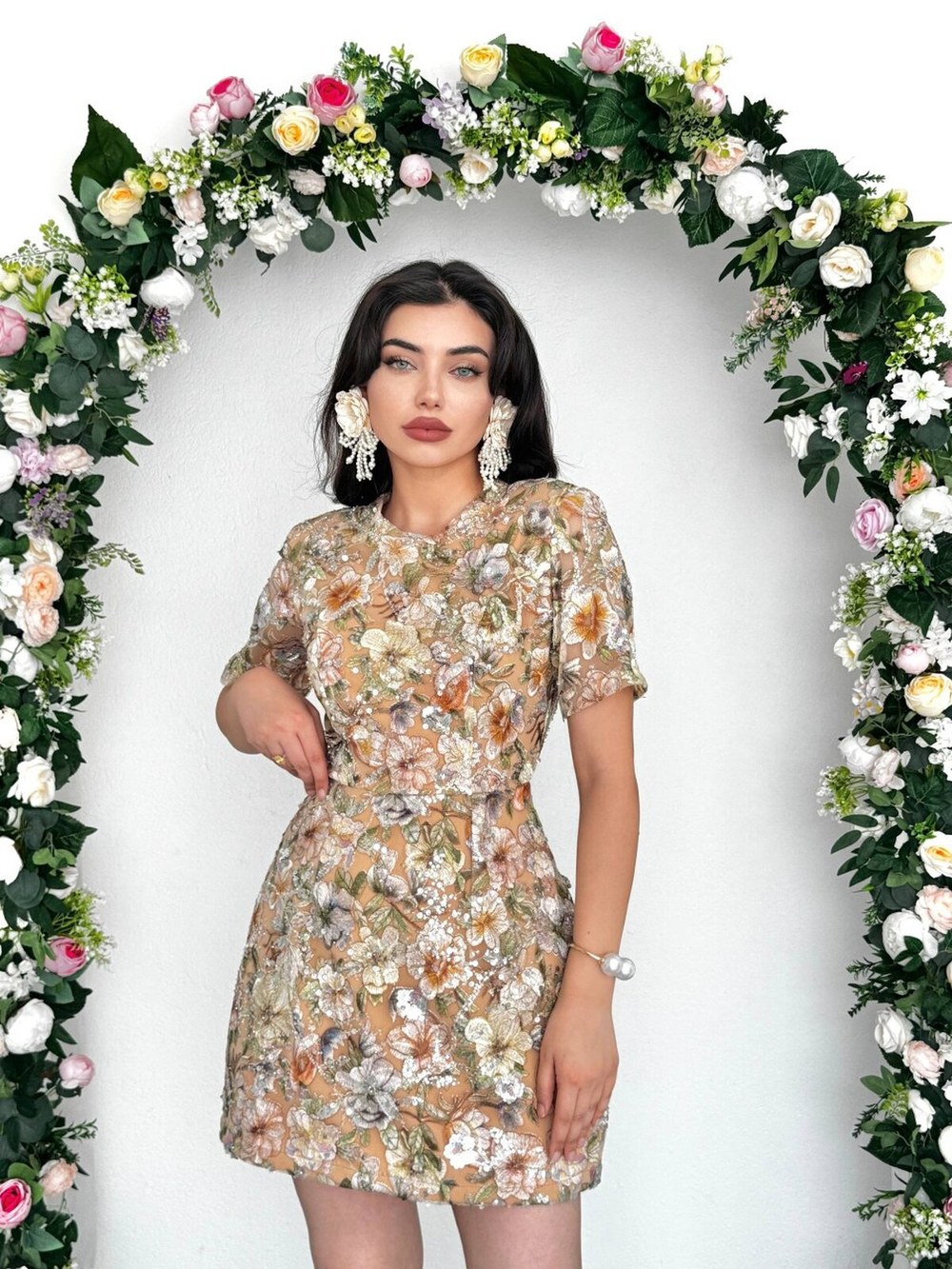 Flowes Kristal Taş Detaylı Elbise ETK-00938-cicek-desen